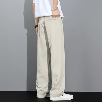 Men's 2026 Summer Korean Style Loose Straight Leg Draping Lightweight Casual Pants Slacks Khaki Dark Gray Black Trousers Male