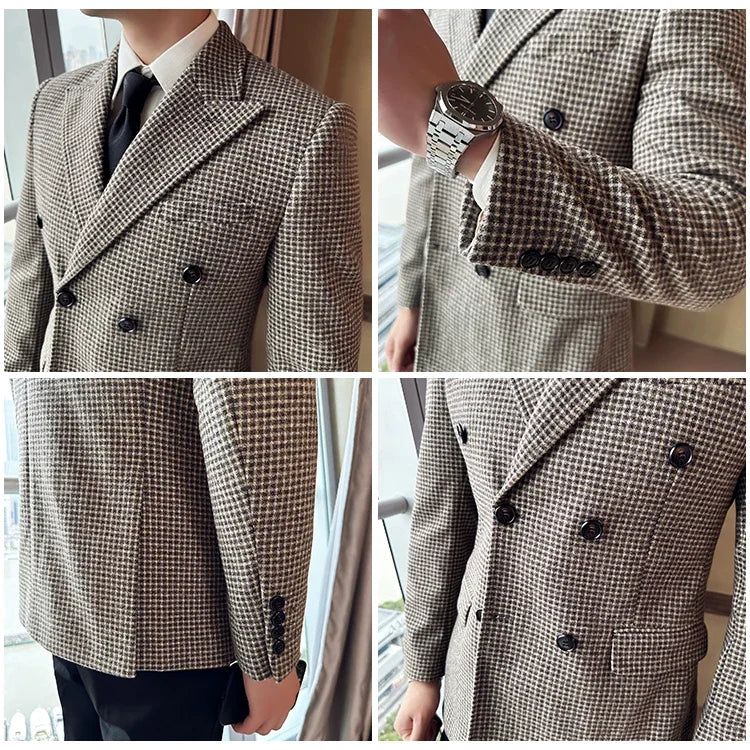 British Style Men Double Breasted Slim Fit Blazer 2024 New Houndstooth Slim Fit Suit Jacket Formal Business Wedding Dress Jacket