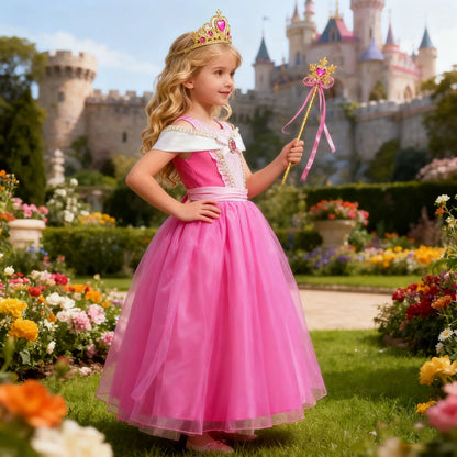Girl Pink Dress Aurora Kids Cosplay Costume Princess Deluxe Outfit Children Birthday Party Elegant Ball Gown Fairy Disguise Sets