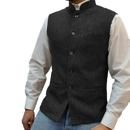 Men Vest Gray Herringbone Height Collar Single Button Waistcoat For Wedding Party Business Work Daily Casual Men Suit Vest