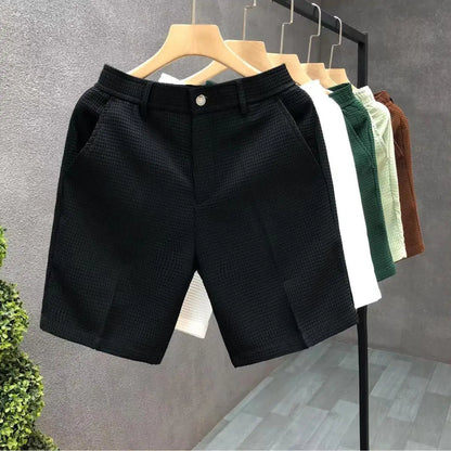Men's Shorts Plaid Texture Solid Straight-leg Business Social Elastic Waist Button Short Pants Loose Knee Length Casual Short
