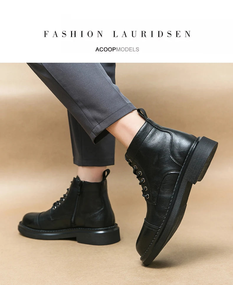 Men Black Leather Boots Casual Lace Up Leather Shoes Size 39-46