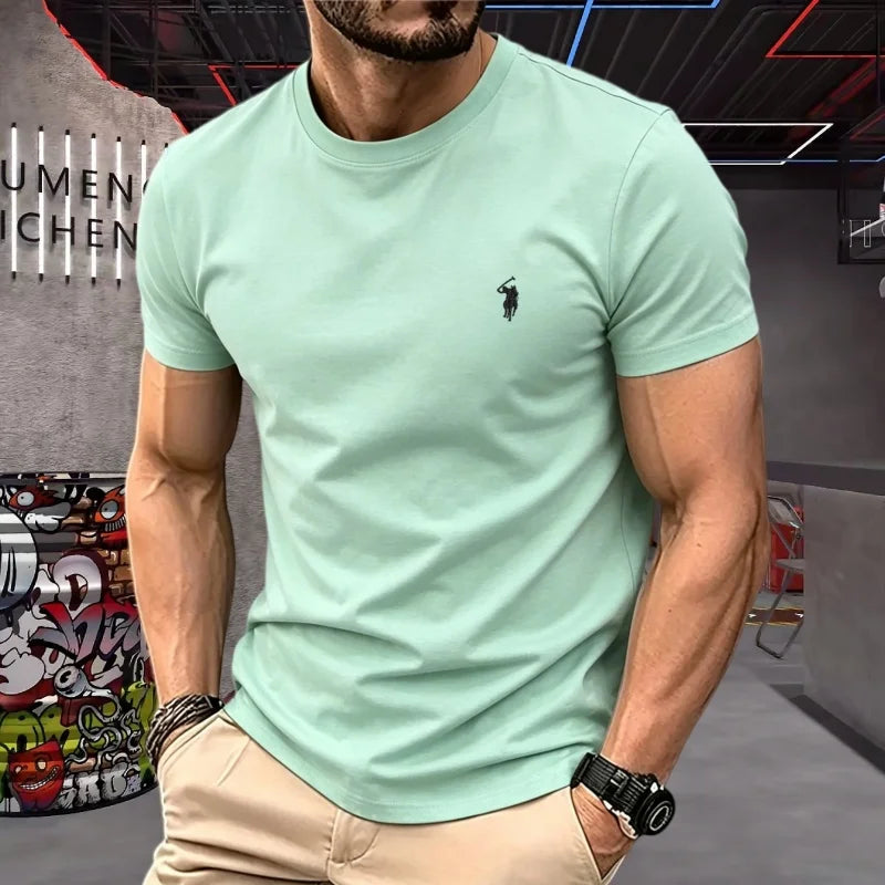 100% pure cotton high-quality brand round neck short sleeved men's 2026 summer fashion pony embroidery T-shirt casual sports top