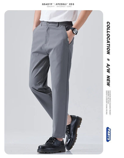2026 Spring Summer Thin Ice Silk Suit Pants Men's Business Straight Slim High Elastic Ankle Length Casual Pants Male