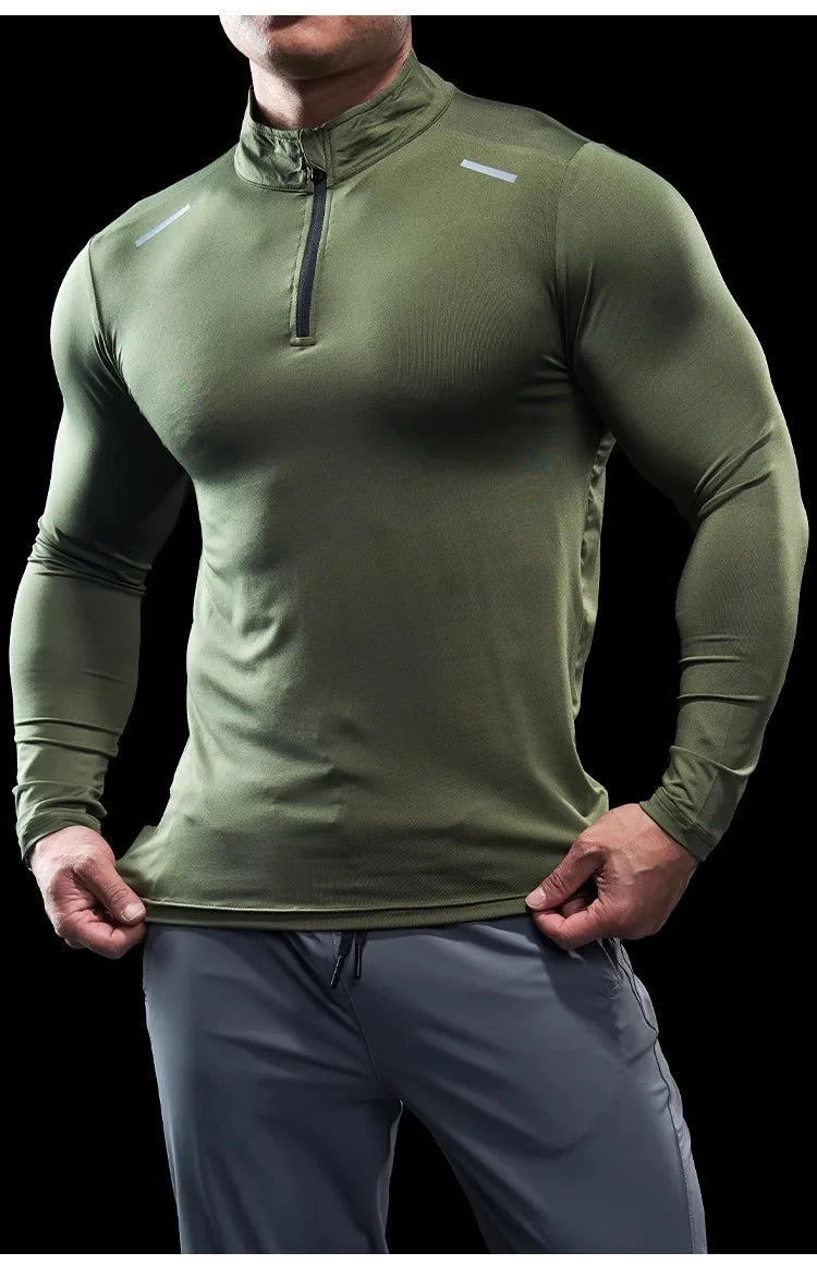 Men Stand Collar Zipper T-shirt Gym Running Training Fitness Bodybuilding Sport Top Quality Elastic Long Sleeve Tight Tops Tees