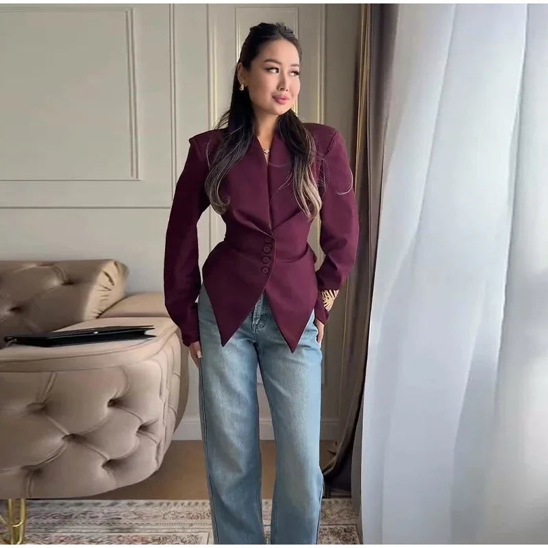 Chic Pleated Waist Cinched Women's Jacket V Neck Single Breasted Lace Up Blazer Coat Lady 2026 Casual Slim Commute Outerwear