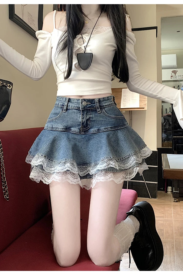 2025 Summer Mini Y2K Denim Skirt Women Fashion Streetwear Ruffles Kawaii Lace Skirts Shorts Preppy School Pleated Jeans Skirt