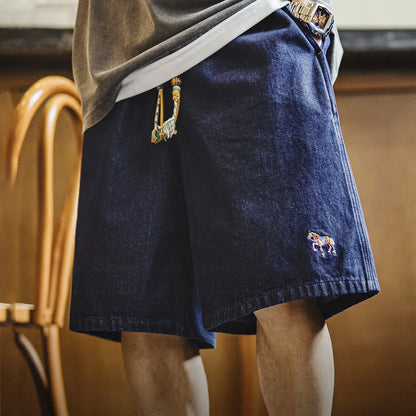 Men's Washed Denim Blue Jean Shorts American Retro Workwear Embroidered Straight Five Inch Thin Casual Summer Bottoms