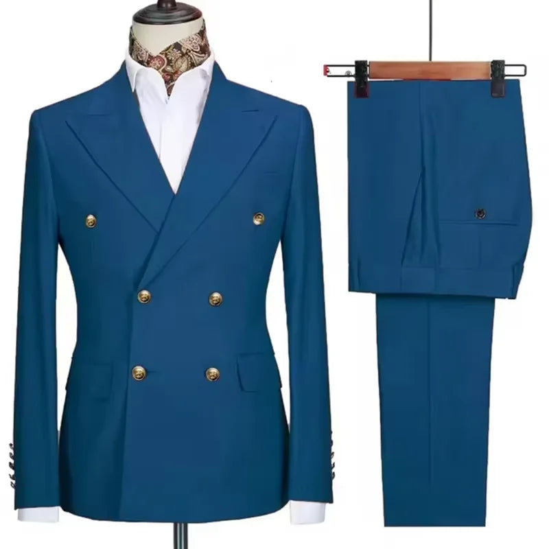 2025 New Men's 2 Piece(Jacket+Pants)Double Breasted Slim Fit Elegant Suit Wedding Groom Business Banquet Tailor-made