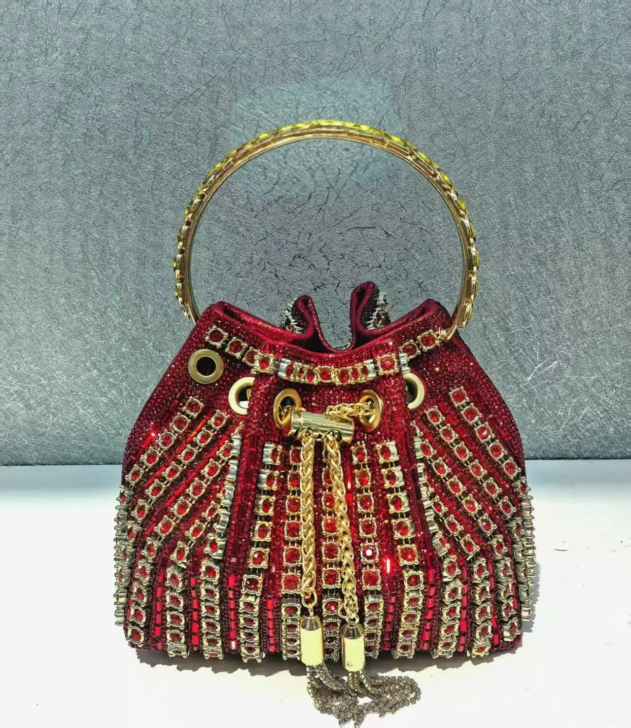 Rhinestones Diamond Evening Clutch Bag Luxury Designer Metal Ring Women's Handbag Wedding Party Bling Bucket Purse Shoulder Bag