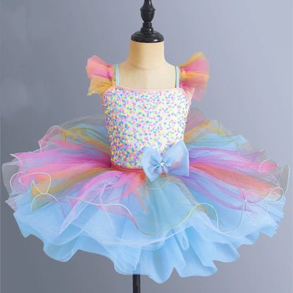Kids Girls Ballet Dress Rainbow Color Dance Tutu Gymnastics Leotard Ballerina Dancewear Children Modern Performing Costume