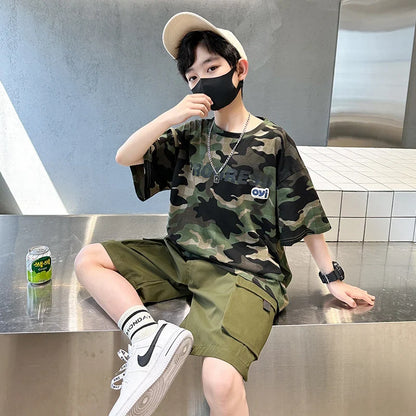 Kids Summer Set Causal Camouflage Sportswear Two Piece Clothing Set for Teenage Boy Short Sleeve T-shirt Shorts Tracksuit Outfit
