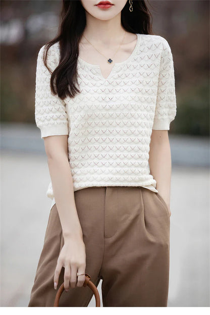 Women's T-shirt Summer New 100% Pure Cotton Tees Casual Solid Knitted Short sleeved V-neck Pullover Loose Tops Fashion Sweater