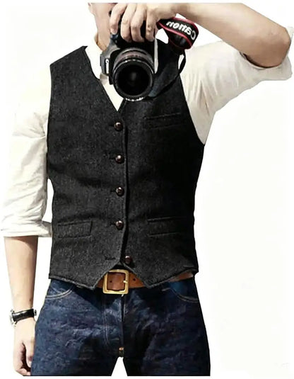 Vintage Men's Suit Vest V Neck Wool Herringbone Tweed Casual Classic Slim Fit Waistcoat Formal Business Wedding Groomsmen