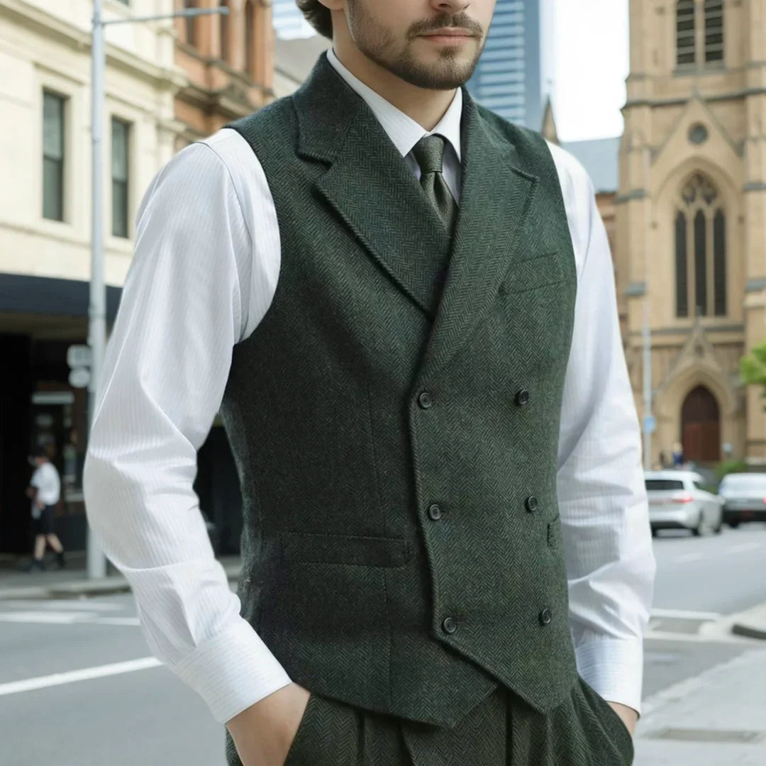 Men Vest Army Green Herringbone Double Button With Lapel Waistcoat For Wedding Business Office Work Daily Casual Men Suit Vest