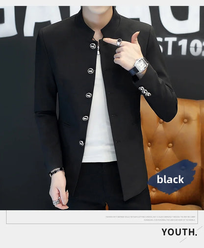 2024 Men's Slim Fit Long Sleeve Casual Suit Korean Trend Stand Collar Fashion Handsome Male Suit