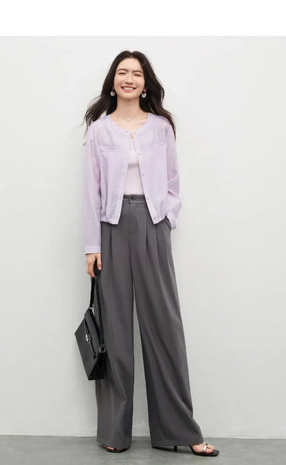 Women's Oversized Lyocell Shirt 2026 Spring Summer Round Neck Long Sleeve Drawstring Sheer Casual Top 161WB5014