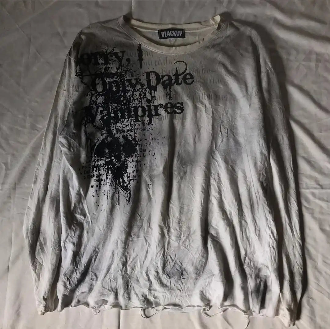 Y2K Men Harajuku Gothic Printing White Long Sleeve Punk Hip Hop T shirt Fashion Gothic Casual Pure Cotton Loose Tops Unisex