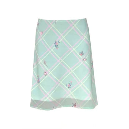 Sweet Elegant Floral Skirt Women Korean Style Vintage Green Plaid Skirts Y2k Harajuku Summer Fashion Mesh Mid Skirts