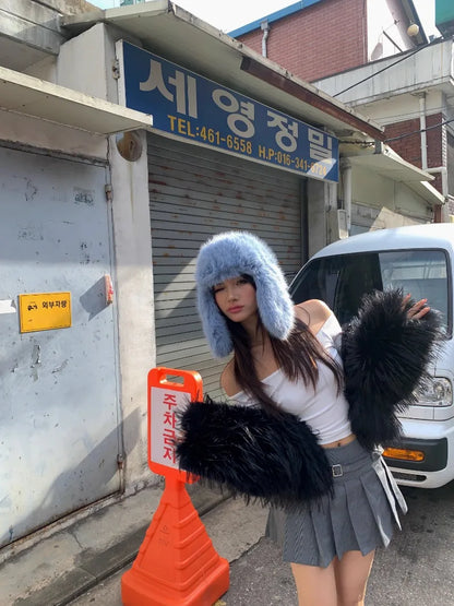 Korean Ins Imitation Mink Plush Hat Winter Women Ear Protection Bomber Hats Fashion Warm Fluffy Faux Fur Ski Beanies Y2k Gift