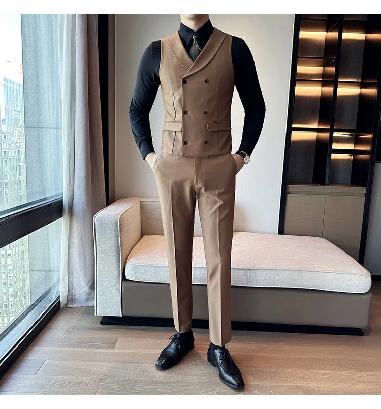( Vest + Pants) Men's Double-breasted Suit Vest 2 Pieces Set High Quality Business Casual Fashion Groom Wedding Dress Vest Sets