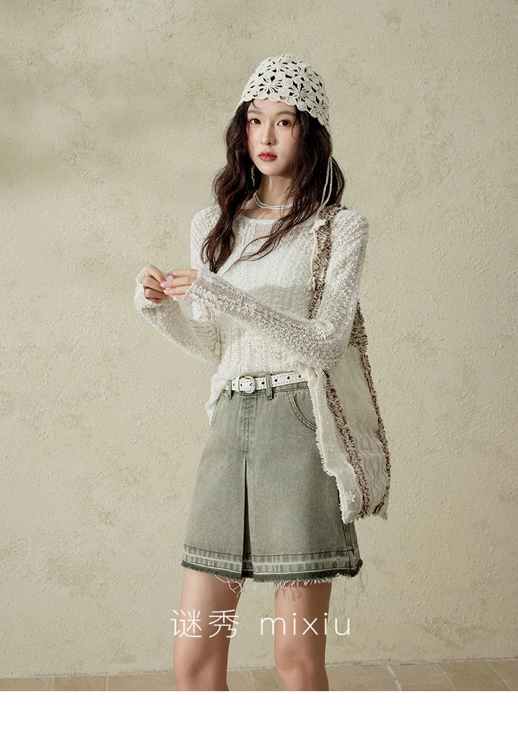 Women 's Apricot White Hollow Knitted Sweater Spring 2025 Mohair Cover Drop Sleeve Top Strapless Slim Tube Top MXE12Z1120