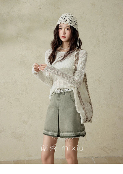 Women 's Apricot White Hollow Knitted Sweater Spring 2025 Mohair Cover Drop Sleeve Top Strapless Slim Tube Top MXE12Z1120