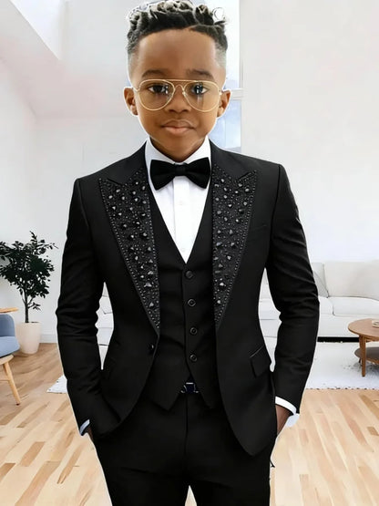 Boys Luxury Beaded Suit Set 3 Pieces For Evening Party High Quality Peak Lapel Suits Piano Performance Wear Elegant Plus Size