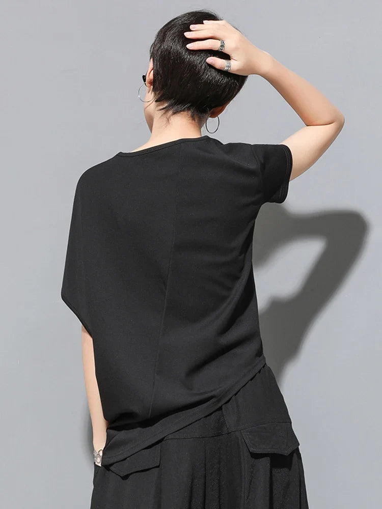 Women Black Asymmetric Pleated Big Size T-shirt New Round Neck Batwing Sleeve Fashion Tide Spring Summer 2026 1DF4667