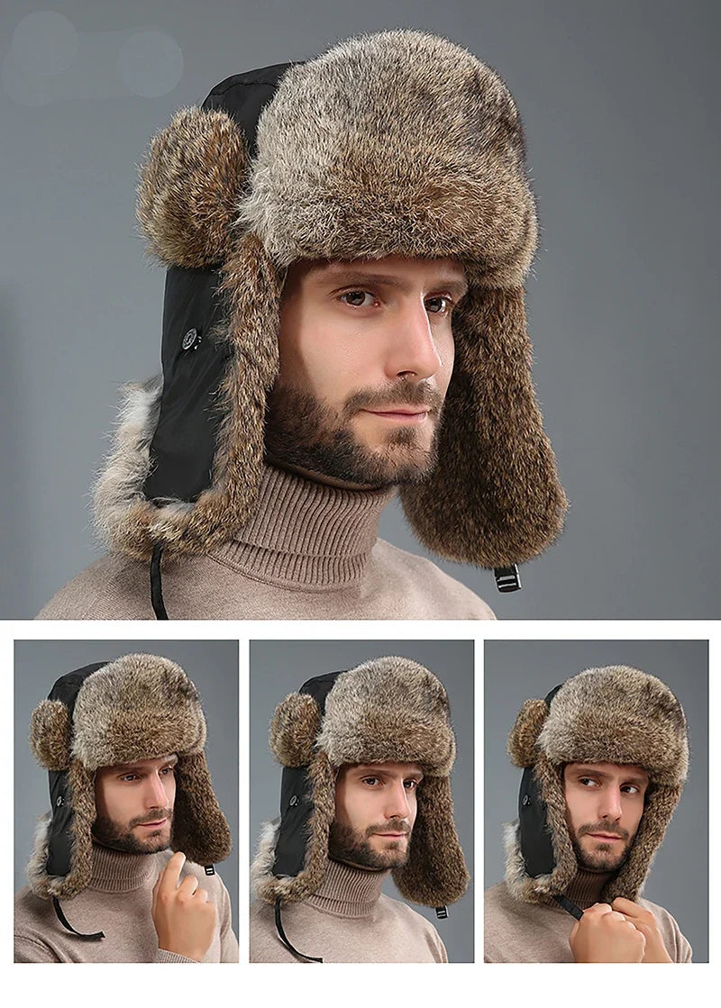 Russia Winter Real fur Hat Unisex Outdoor Windproof Super Warm Real Rabbit Fur Bomber Hats Natural Soft Natural Rabbit Fur Caps