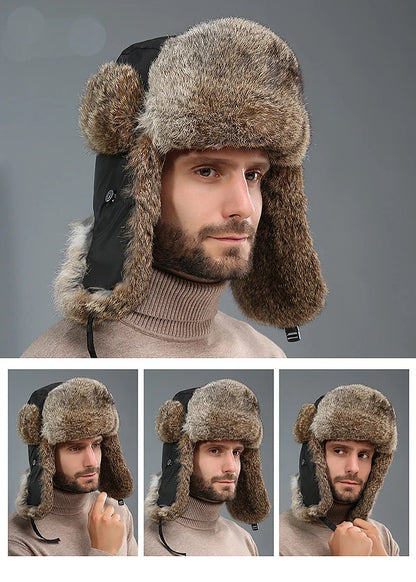 Russia Winter Real fur Hat Unisex Outdoor Windproof Super Warm Real Rabbit Fur Bomber Hats Natural Soft Natural Rabbit Fur Caps
