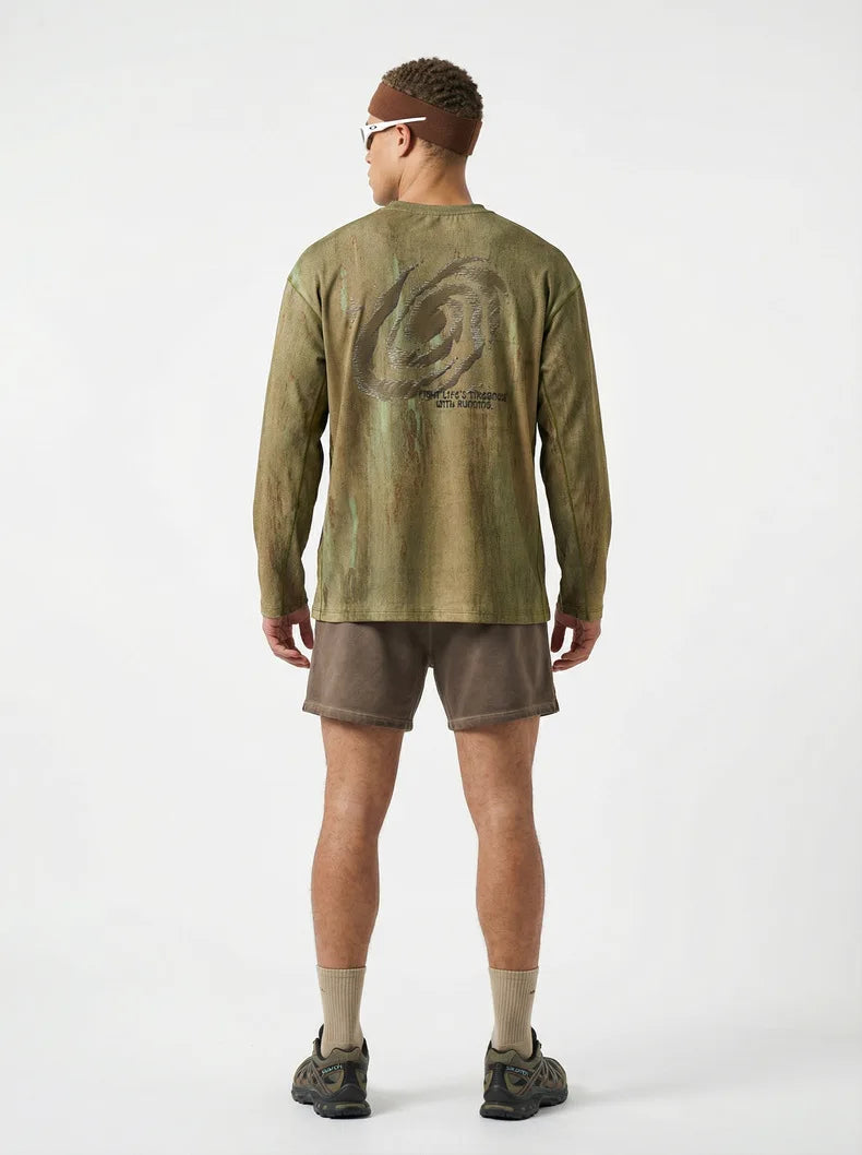 Men's Wasteland Style Long Sleeve T-Shirt - Distressed Digital Print & Loose Elastic Fit Casual Top Unisex
