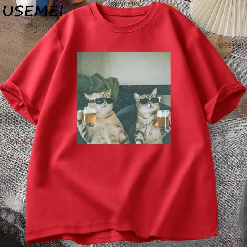 Funny Cool Cat Drinking Beer T-shirt Casual Cotton Short Sleeve T Shirt Man Clothes Harajuku Round Neck Men's Designer Tops