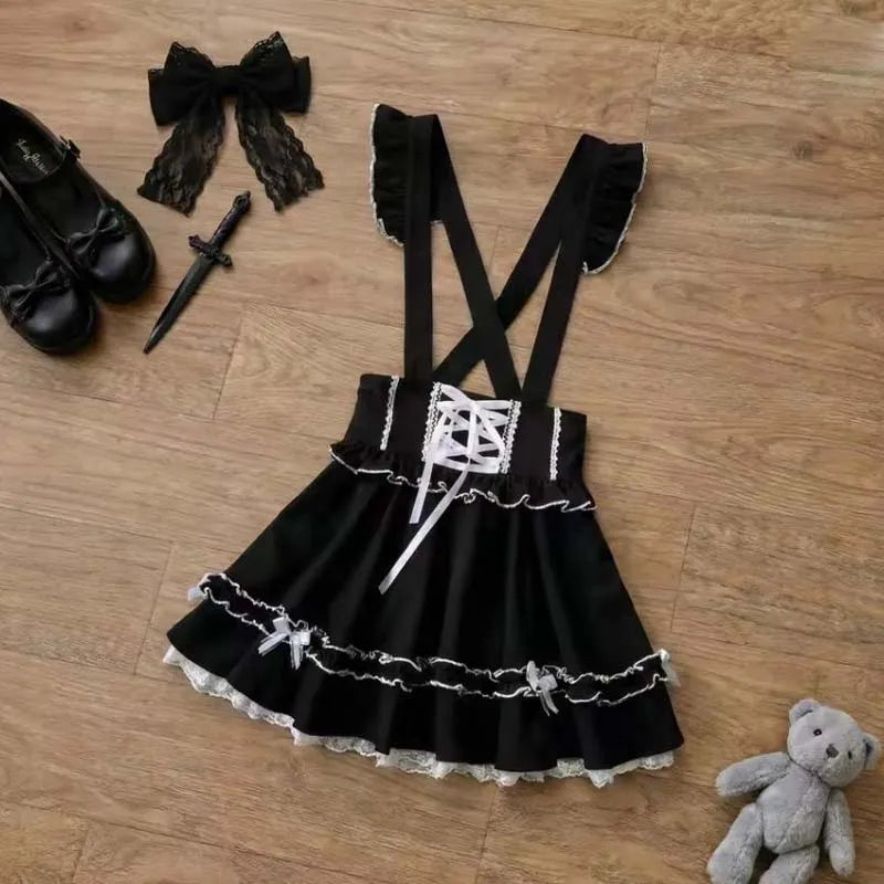 Summer Lolita Ribbon Tatt Lace Overall Skirt Women Subculture Japanese Jirai Kei Mine Style Y2k 2000s Casual Girly Belt Pinafore