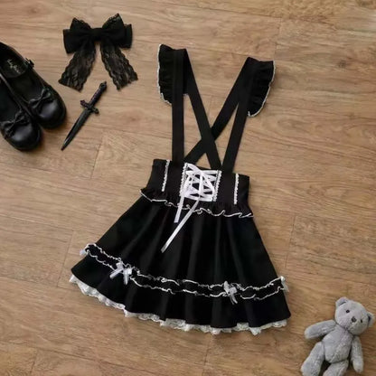 Summer Lolita Ribbon Tatt Lace Overall Skirt Women Subculture Japanese Jirai Kei Mine Style Y2k 2000s Casual Girly Belt Pinafore
