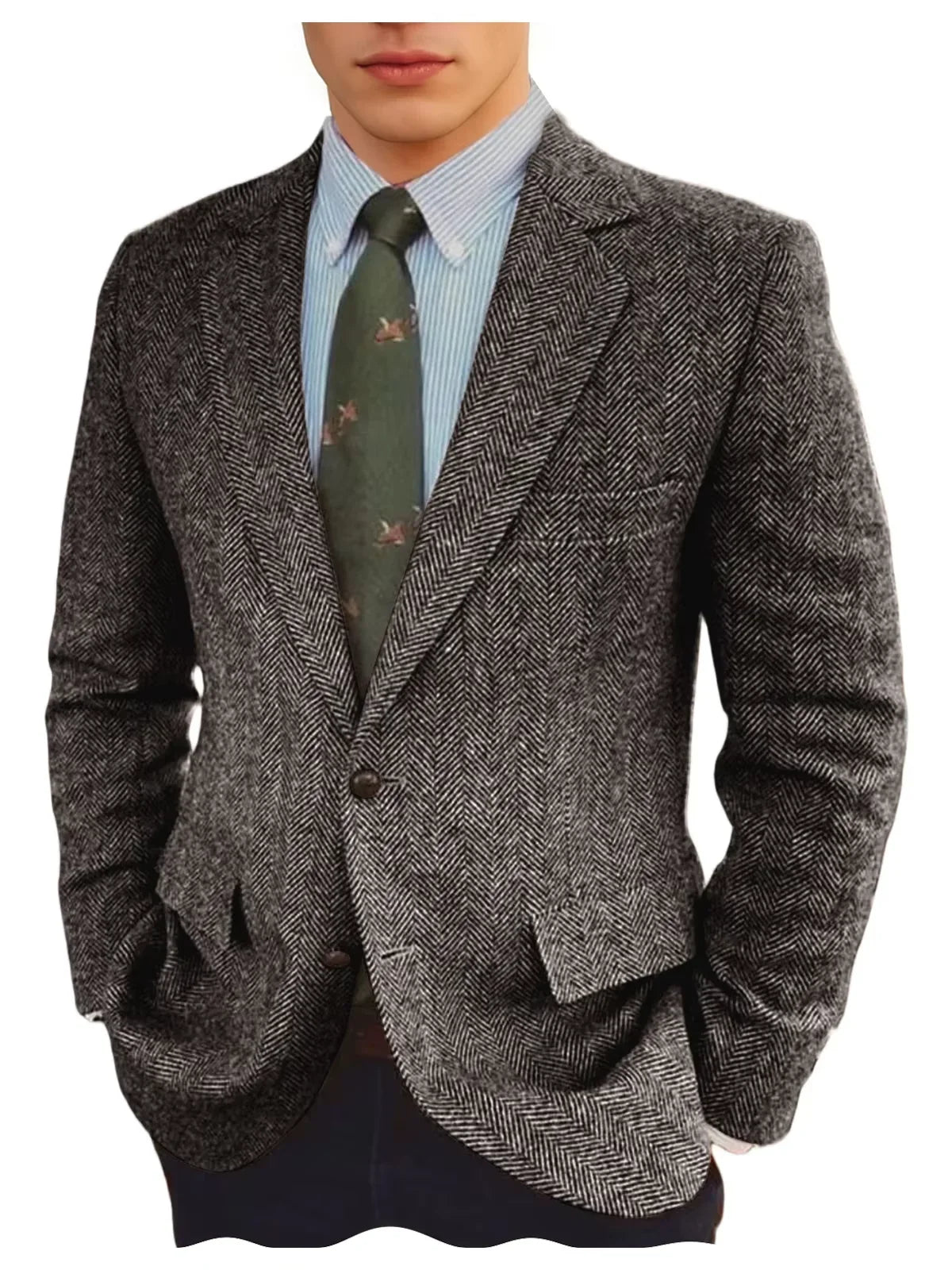 Men's Grey Herringbone Tweed Blazer Classic-Fit Notched Lapel Casual Jacket Slim Fit Business Wedding Suit Coat Plus Size