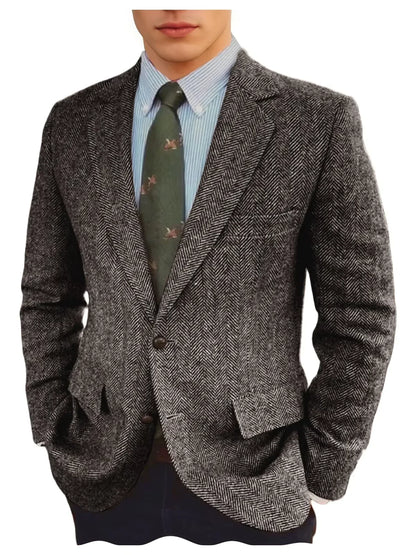 Men's Grey Herringbone Tweed Blazer Classic-Fit Notched Lapel Casual Jacket Slim Fit Business Wedding Suit Coat Plus Size