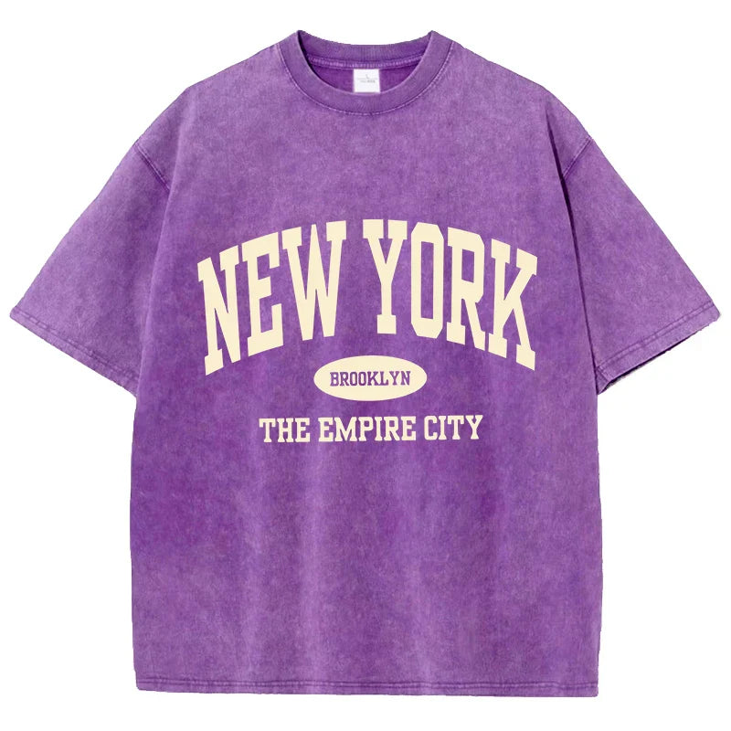 New York Brooklyn Letter Printed Washed T-Shirts Women Cotton Tops Comfortable Distressed O-Neck T Shirts Summer Womans Clothes