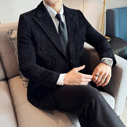 Autumn Winter New Men Corduroy Suit Jackets Double-Breasted Striped Slim Fit Casual Coats High Quality Formal Business Tailcoat