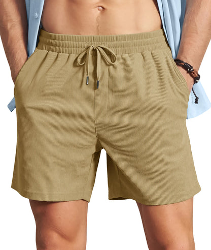 Men's Corduroy Texture Casual Shorts 6" Inseam for Summer Beach Vacation Elastic Waist Drawstring Lightweight Pockets