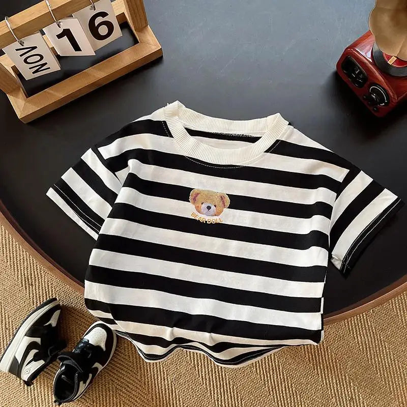 New Baby Boy Clothes Summer Children Suit Causal Striped Cartoon Tshirt Jeans 2Pcs/Set Kids Fashion OutfitsToddler Tracksuits