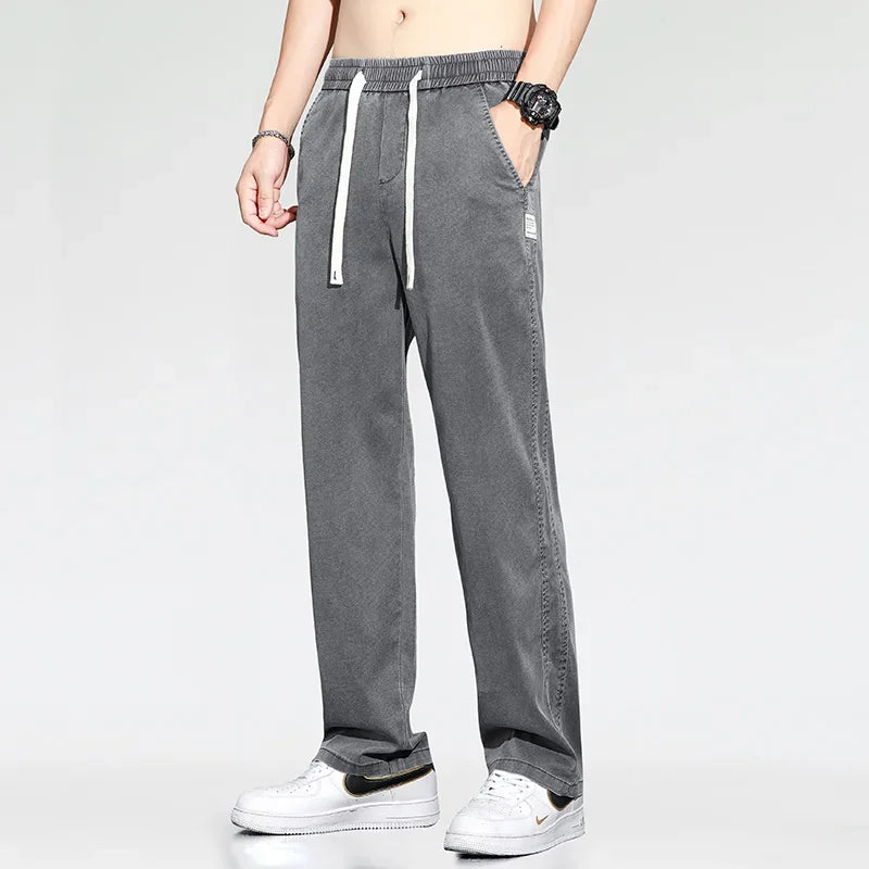 Summer Thin Loose Wide-leg Men Jeans Soft Lyocell Elastic Fashion Casual Straight Drawstring Denim Trousers Black Blue Gray
