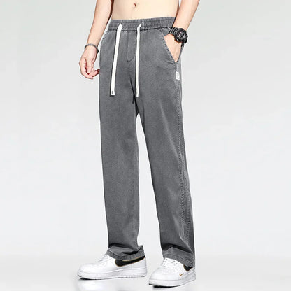 Summer Thin Loose Wide-leg Men Jeans Soft Lyocell Elastic Fashion Casual Straight Drawstring Denim Trousers Black Blue Gray
