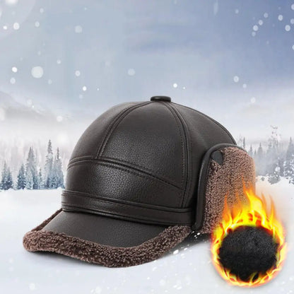 Winter Baseball Cap Men PU Leather Bomber Caps Middle Elderly Dad Hat With Earflaps Thicker Warm Windproof Tongue Hat Keep Warm
