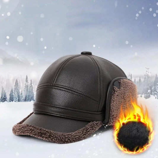 Winter Baseball Cap Men PU Leather Bomber Caps Middle Elderly Dad Hat With Earflaps Thicker Warm Windproof Tongue Hat Keep Warm