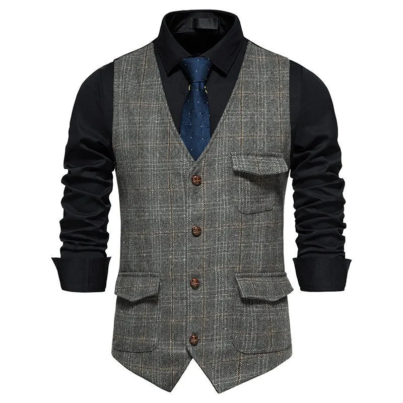 Man Waistcoat British Style Plaid Single-breasted Men Suit Vest Retro Slim V-neck Sleeveless Pocket Male Casual Vest