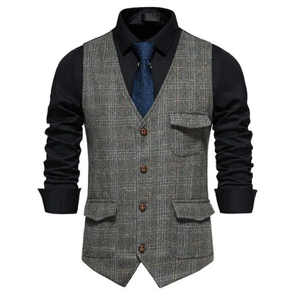 Man Waistcoat British Style Plaid Single-breasted Men Suit Vest Retro Slim V-neck Sleeveless Pocket Male Casual Vest