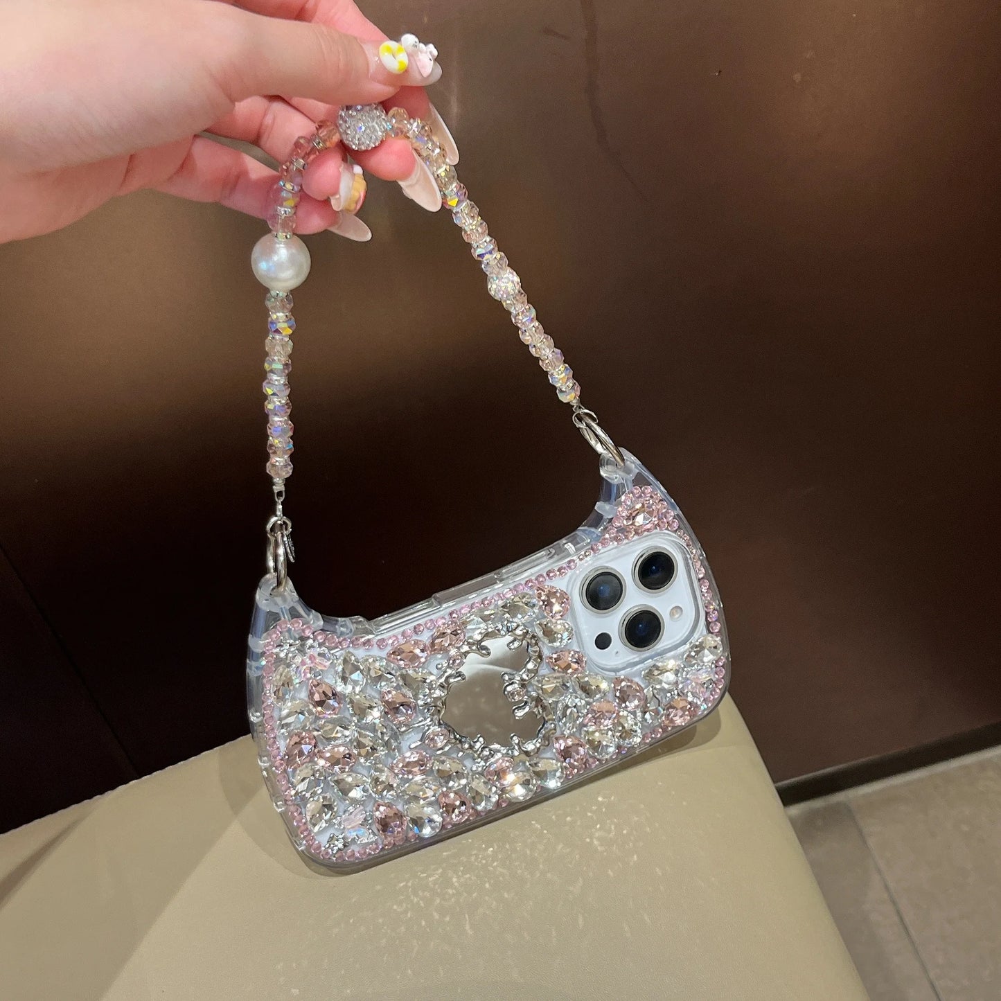 Luxury Bling Rhinestone Hand Bag with Mirror For iphone 17 pro max case 11 12 13 14 15 16 Pro Max Plus Phone Cases For 16 Pro