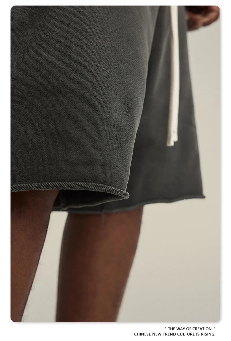 New Summer Men Retro Washed Shorts Unisex Drawstring Loose Edge 420gsm Solid Knee Length Cotton Pants Streetwears HY0589