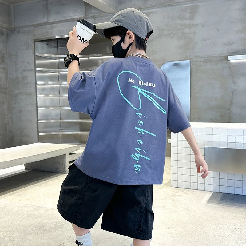 New Casual Boys Top and Bottom Clothes Set Summer Suit for Tween Children Clothing Kids Teenager Shorts Sleeve Tshirt Shorts Set